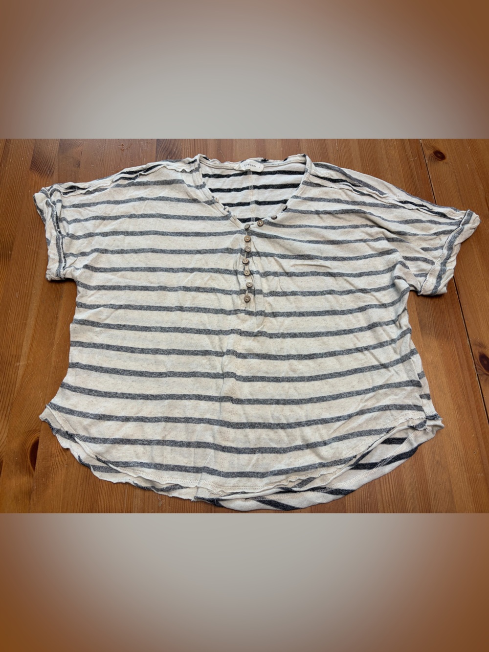 By Together White and Gray Striped Short Sleeve Henley Top